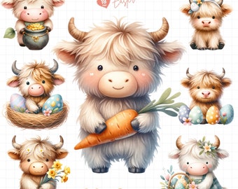Adorable Easter Highland Cow, Happy Easter Sublimation Design, Highland Cow Clipart, Baby Cow Clipart Bundle, Easter PNG, Commercial Use