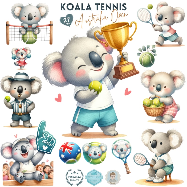 Koala Tennis Clipart Collection Cute Australian Open Themed PNG, Koala