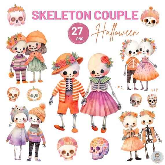 Skeleton Couple Halloween Clipart, Skeleton Couple PNG, Romantic Halloween Couple Skeleton, Watercolor Clipart, couple clipart png bundle