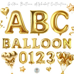 Golden Foil Letter Balloons Letter Number clipart, Golden Balloon Alphabet PNG, golden alphabet, Golden Balloon Decoration, instant download