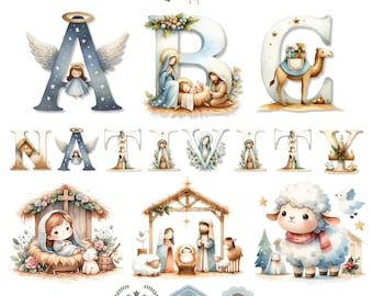 Cute Nativity Scene Letters, Nativity Alphabet, Christmas Letter PNG, Nativity Scene, Christian Sublimation, Jesus birth, Mary Virgin, Kid