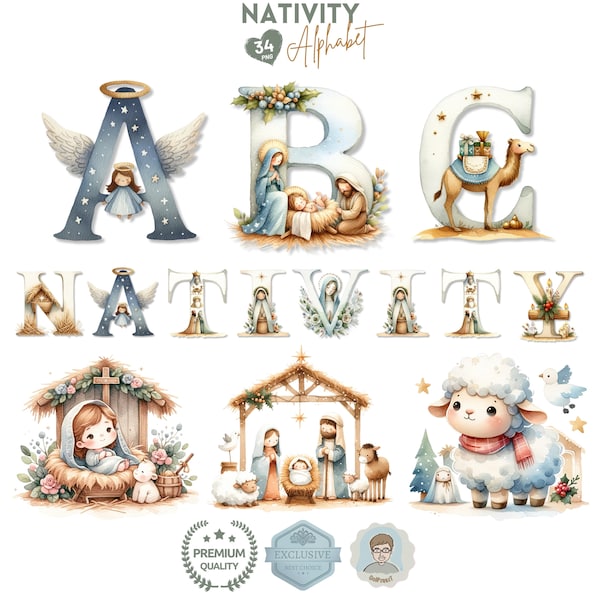 Lettres mignonnes de scène de la Nativité, Alphabet de la Nativité, Lettre de Noël PNG, Crèche, Sublimation chrétienne, Naissance de Jésus, Vierge Marie, Enfant