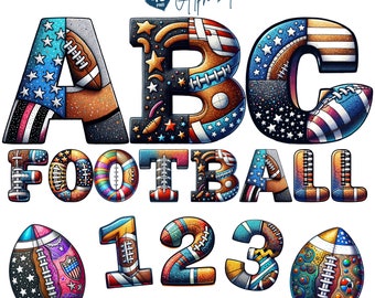 Touchdown Typography, American Football Alphabet & Numbers PNG Clipart, Patriotic American Football Alphabet Clipart, Sports Letters