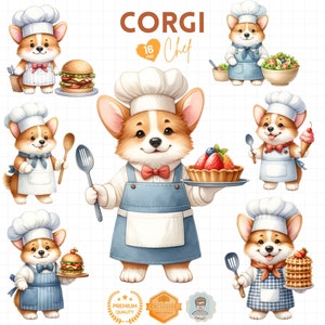 Adorable Corgi Chef Clipart Collection, cute dog cooking, Cute Animal Chef, Kitchen Decor, gift for nana, gift for father, Cartoon Animals