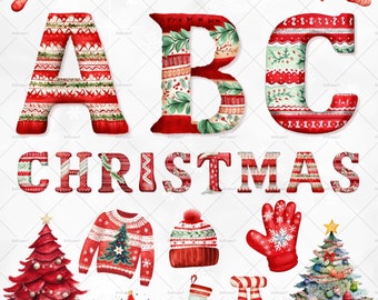 Christmas Knitted Alphabet Bundle, Christmas Alphabet Clipart, Christmas PNG Letter, Christmas Font, Christmas Number, Christmas Decoration