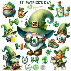 Puede incluir: Una colección de ilustraciones con temática del Día de San Patricio. La imagen incluye gnomos, una olla de oro, una botella de whisky, una herradura, una pajarita, una bandera y otros elementos festivos. La paleta de colores está dominada por el verde, el dorado y el marrón.