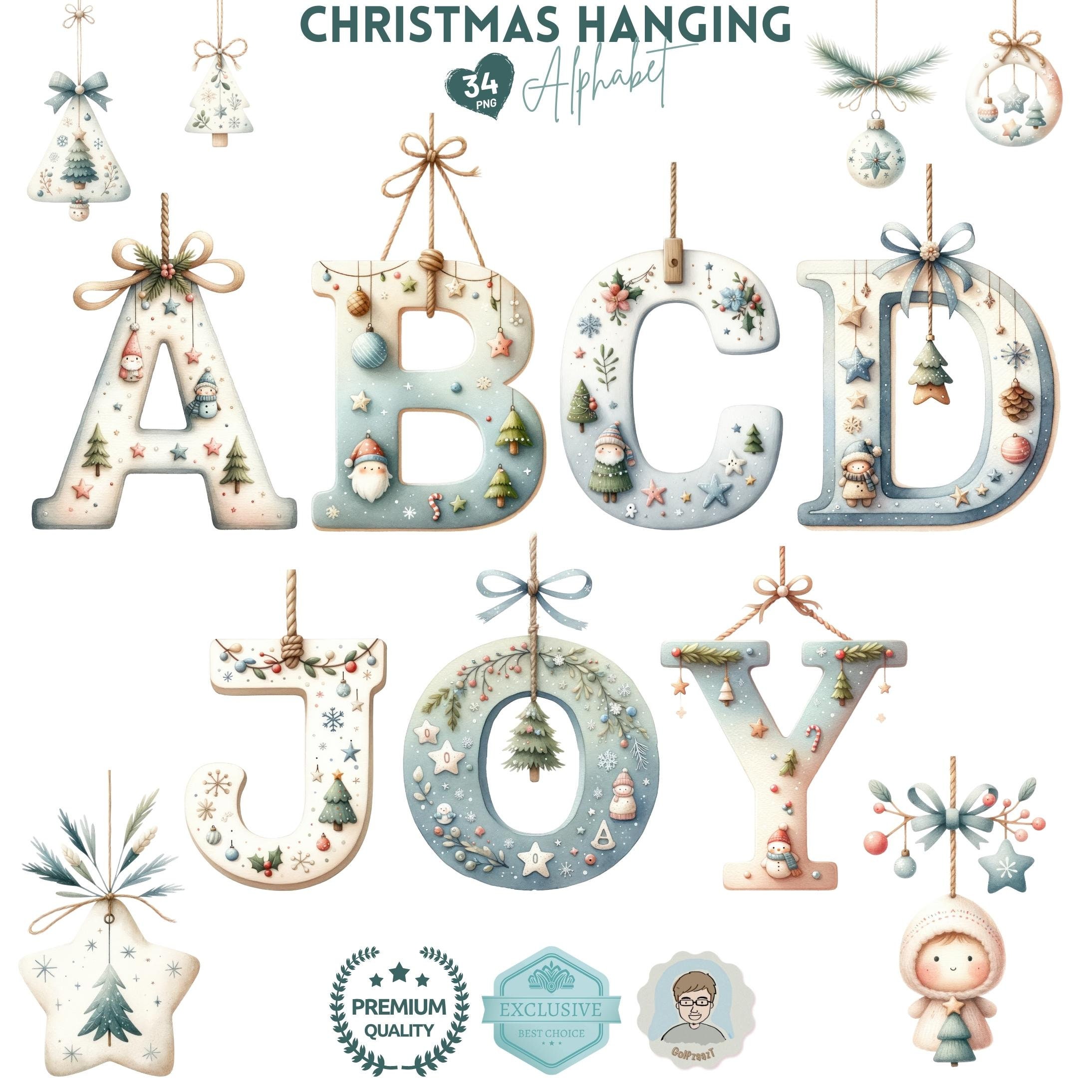 Nursery Christmas Hanging Letters, Font Alphabet Clipart PNG Set, Christmas Hanging Ornament, Christmas Decor, Watercolor Christmas Letters