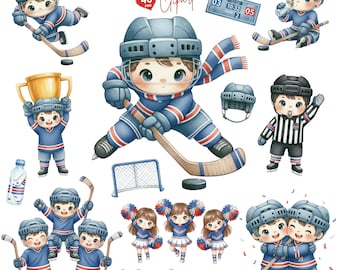 Adorable Hockey Sports Clipart, Ice Hockey Themed Digital PNG, Hockey Blue Team Uniform, Cute Hockey Player, Hockey Goalie Illustration