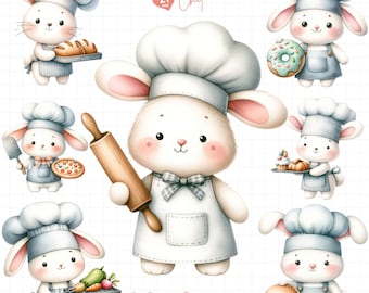 Bunny Chef Clipart, Adorable Rabbit Cooking PNGs Collection, for Kitchen Decor - Recipe Cards, Culinary Critters - Menus, Commercial Use