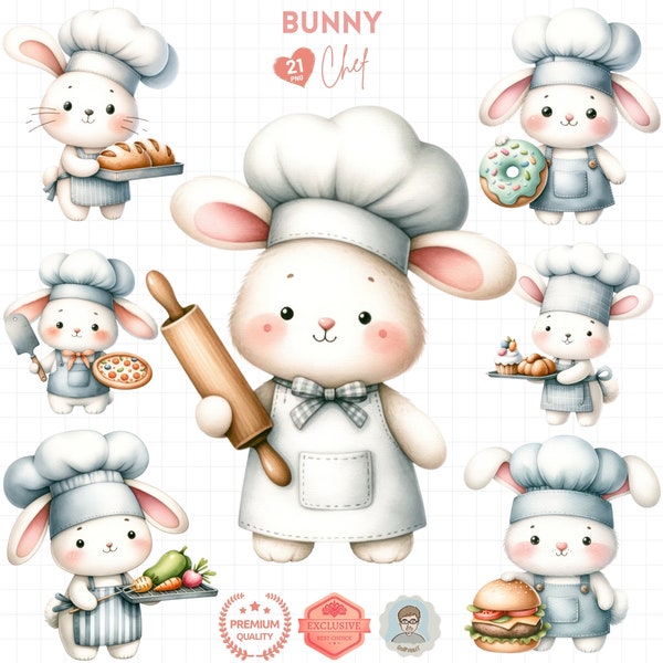 Bunny Chef Clipart, Adorable Rabbit Cooking PNGs Collection, for Kitchen Decor - Recipe Cards, Culinary Critters - Menus, Commercial Use