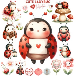 Clipart mignon coccinelle Saint-Valentin, clipart Love Bug, sublimation de la Saint-Valentin, carte de Saint-Valentin pour enfants, décoration de chambre d'enfant, clipart aquarelle