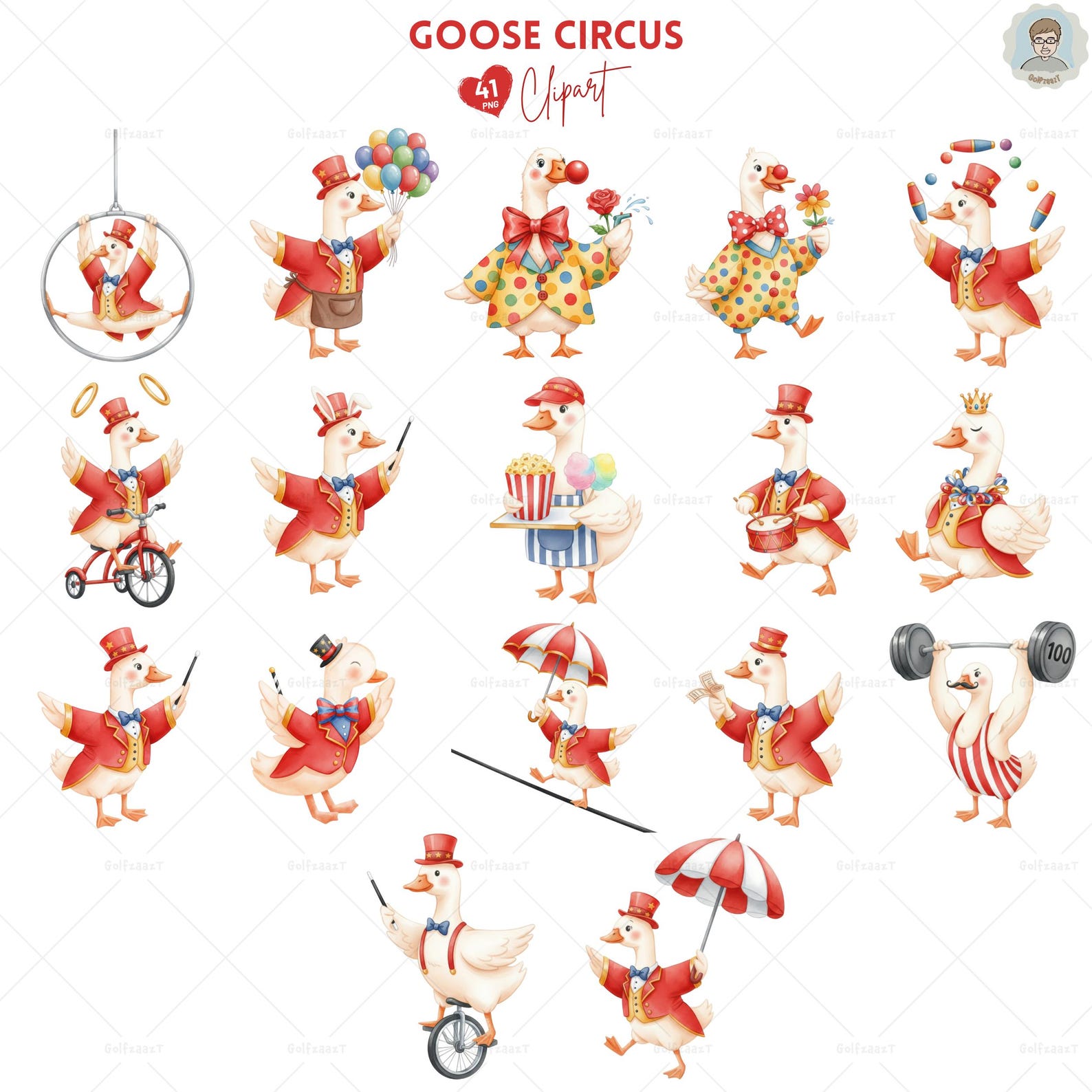 Goose Circus Watercolor Clipart Set | Cute Animal PNG Bundle for Kids ...