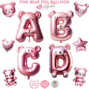 Clipart de lettres en aluminium ballon ours en peluche rose, alphabet en aluminium ballon, lettre baby shower ours, lettres ballon, clipart mariage, alphabet