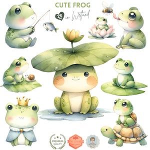 Può includere: Illustrazioni ad acquerello di simpatiche rane verdi in varie pose. Una rana pesca, un'altra è su una ninfea e una indossa una corona. Il testo "CUTE FROG in Wetland" è visibile.