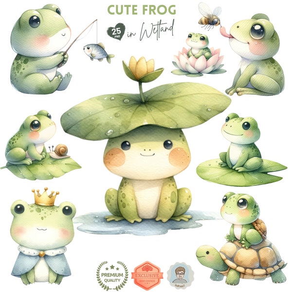 Cute Frog in Wetland Clipart, Whimsical Frogs PNG Collection, love Frog, Clipart PNG, Nursery Art, Wetland Animals Clipart, Water Lily