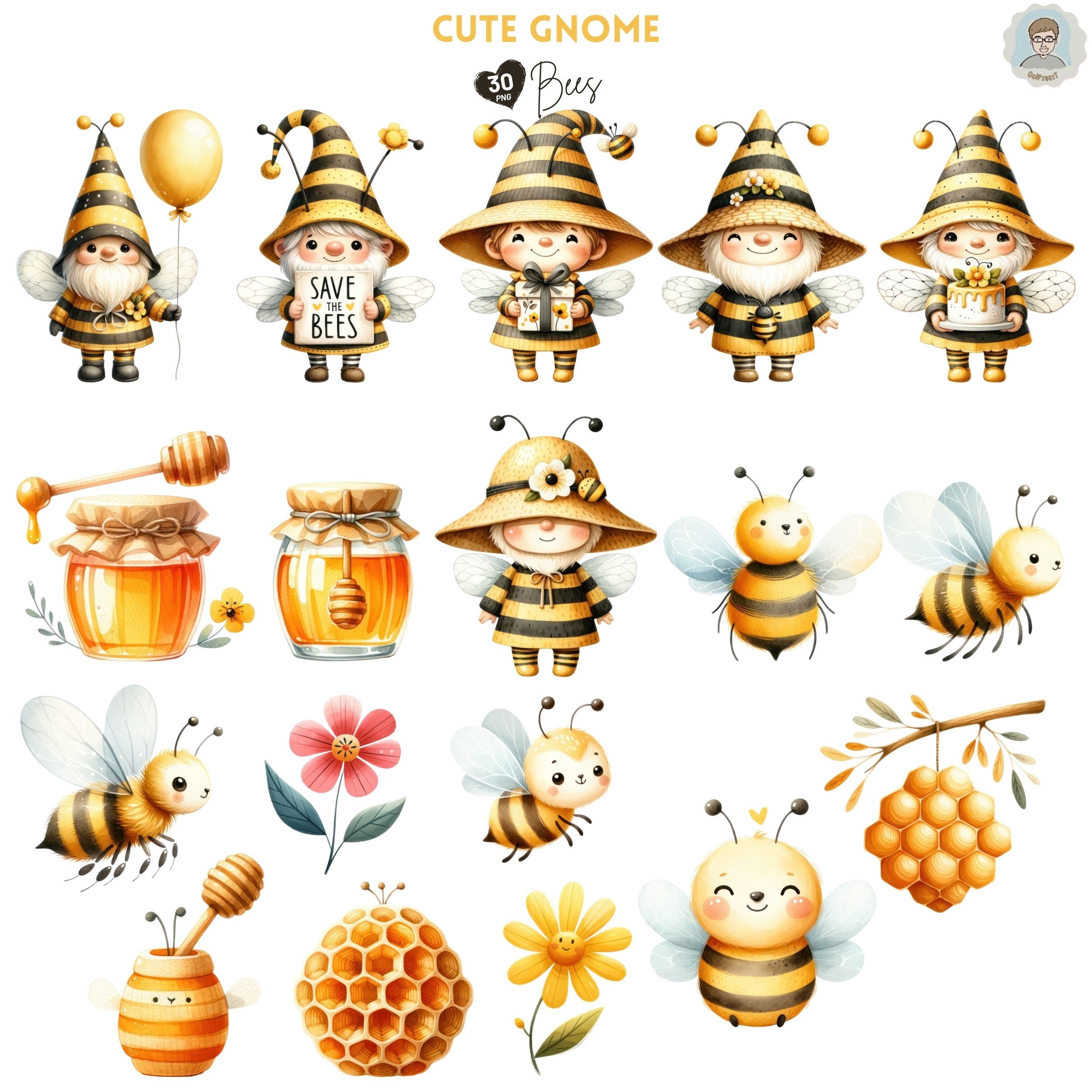 Cute Bumble Bee Gnomes Clipart, Bumble Bee Png, Honey Gnome ...