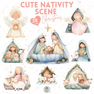 Joli clipart Noël Nativité, crèche de Noël, sublimation chrétienne, naissance de Jésus, Vierge Marie, enfants PNG, ange de Noël, usage Commercial