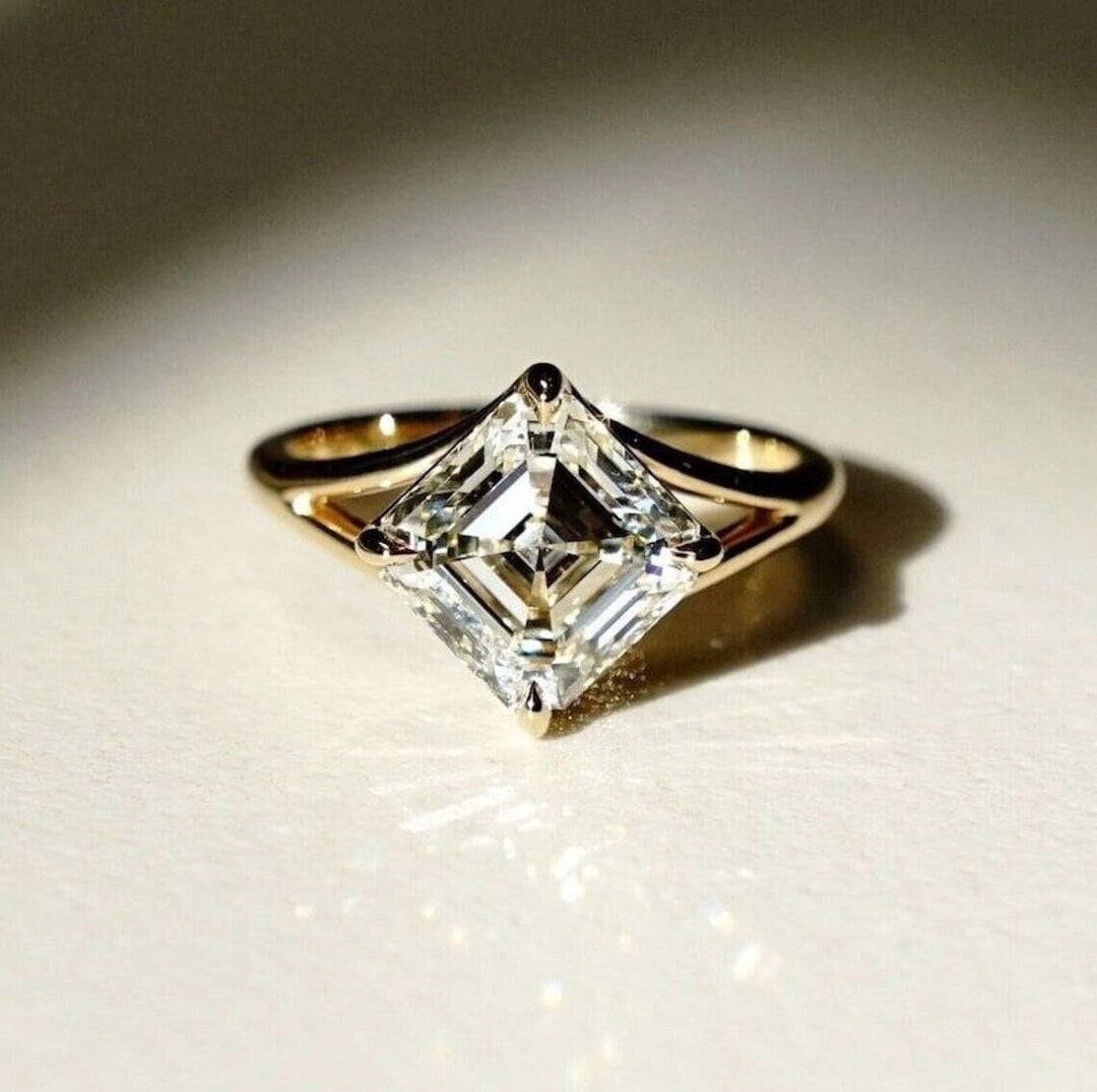 Asscher Cut Moissanite Wedding Ring, 14K Solid Yellow Gold Engagement ...