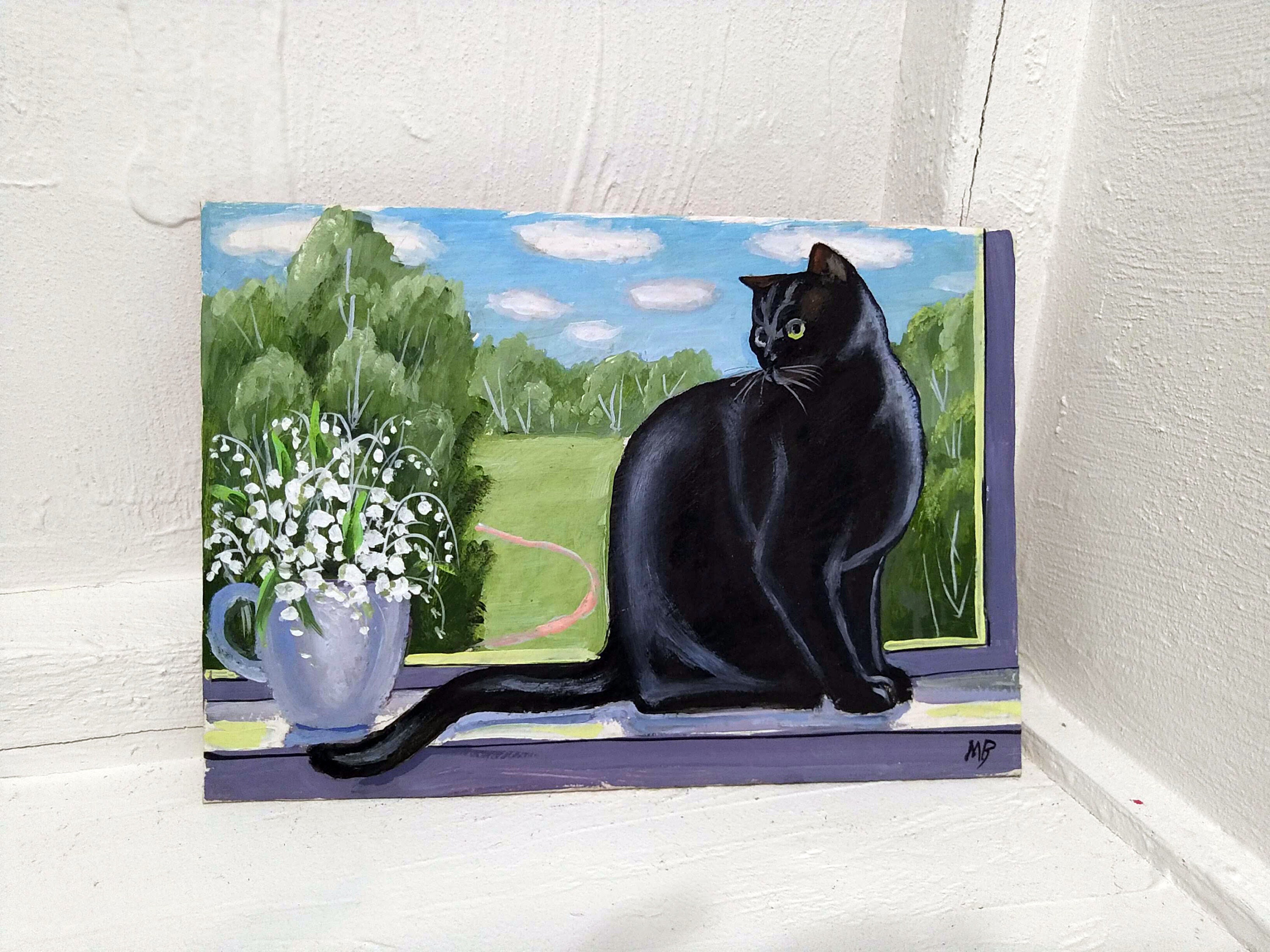 Black cat sitting on the window original oil painting animal | Etsy