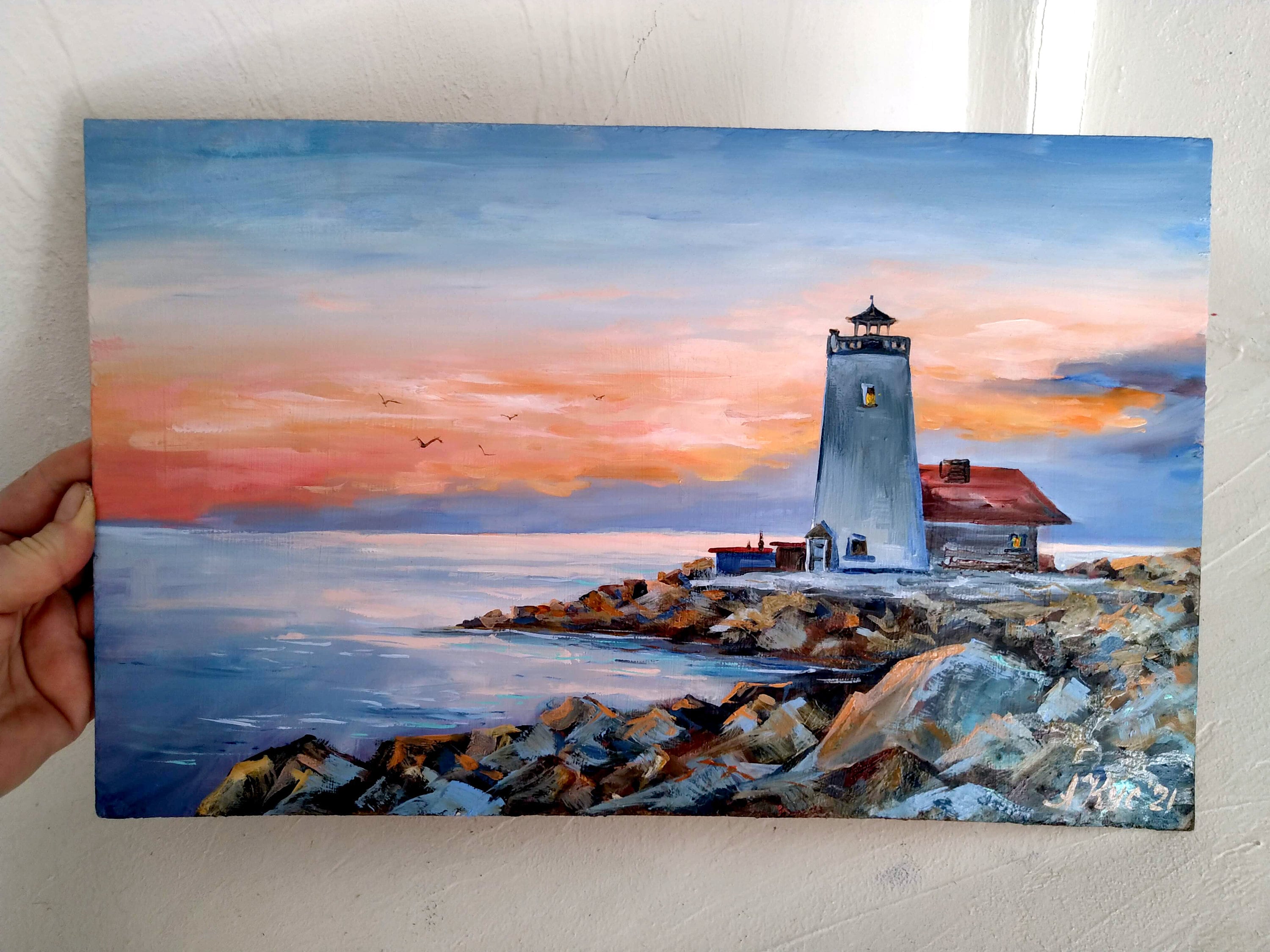 Lighthouse Evening Landscape Oil Painting Original Seascape Etsy