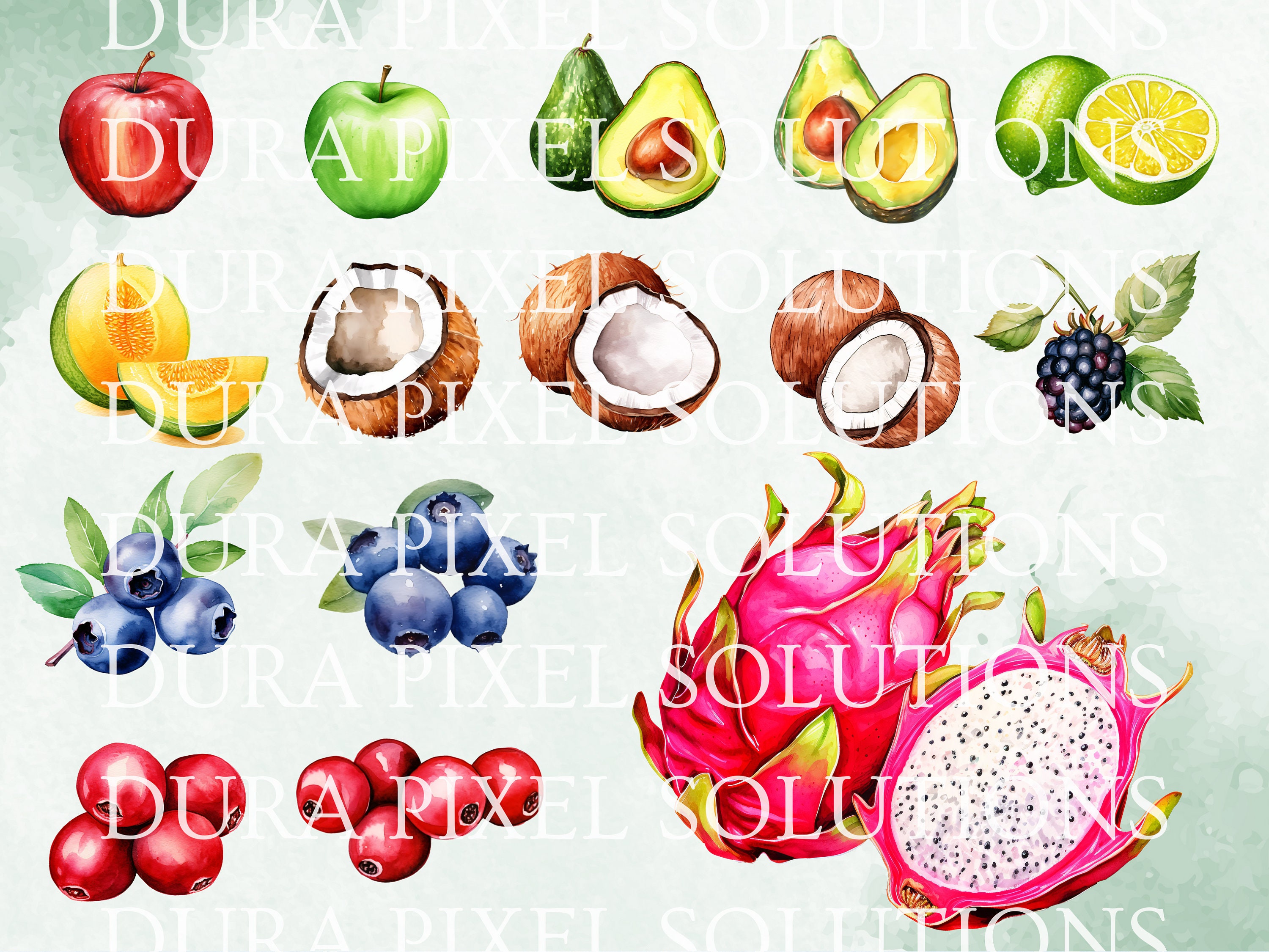 50 Fruits Watercolor Clipart Bundle High-resolution Images Instant ...