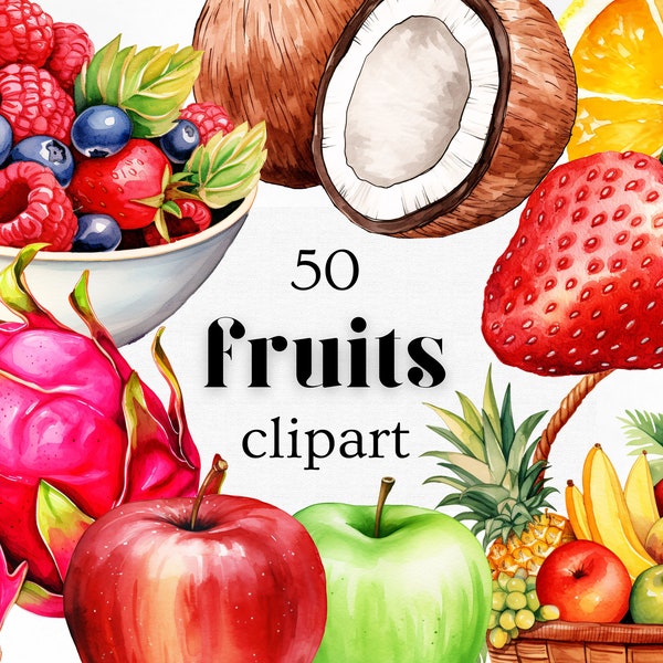 Lot de 50 cliparts aquarelle fruits | Images haute résolution | Téléchargements numériques instantanés | 300 ppp