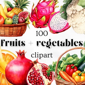 Paquete de 100 imágenes prediseñadas de acuarela de frutas y verduras / Imágenes de alta resolución / Descarga instantánea digital / 300 DPI