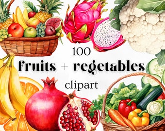 100 Fruits and Vegetables Watercolor Clipart Bundle | High-Resolution Images | Digital Instant Download | 300 DPI