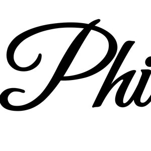 May include: A black and white cursive script spelling out the word "Phi".