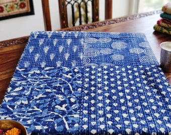 Blue Indigo Printed Kantha Quilt, Handmade Cotton Throw, Vintage Bed Cover