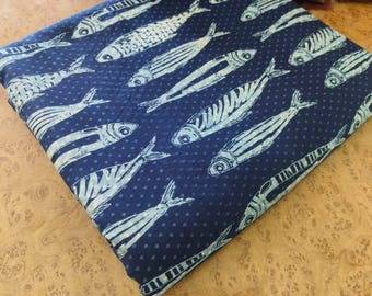 Indigo Fish Print Cotton Fabric: Hand Block Printed, 10 Yards