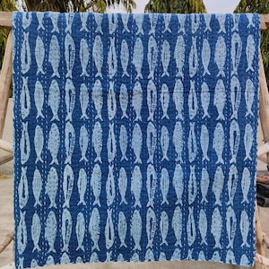 Couette kantha en coton imprimé poisson, indigo naturel, grande literie, couverture en coton de qualité supérieure