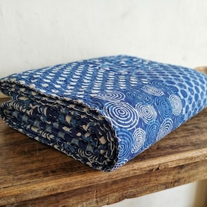 Indian Blue Indigo Printed Kantha Quilt, Hand block print Cotton Bedspread
