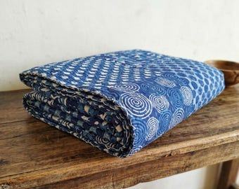 Indian Blue Indigo Printed Kantha Quilt, Hand block print Cotton Bedspread
