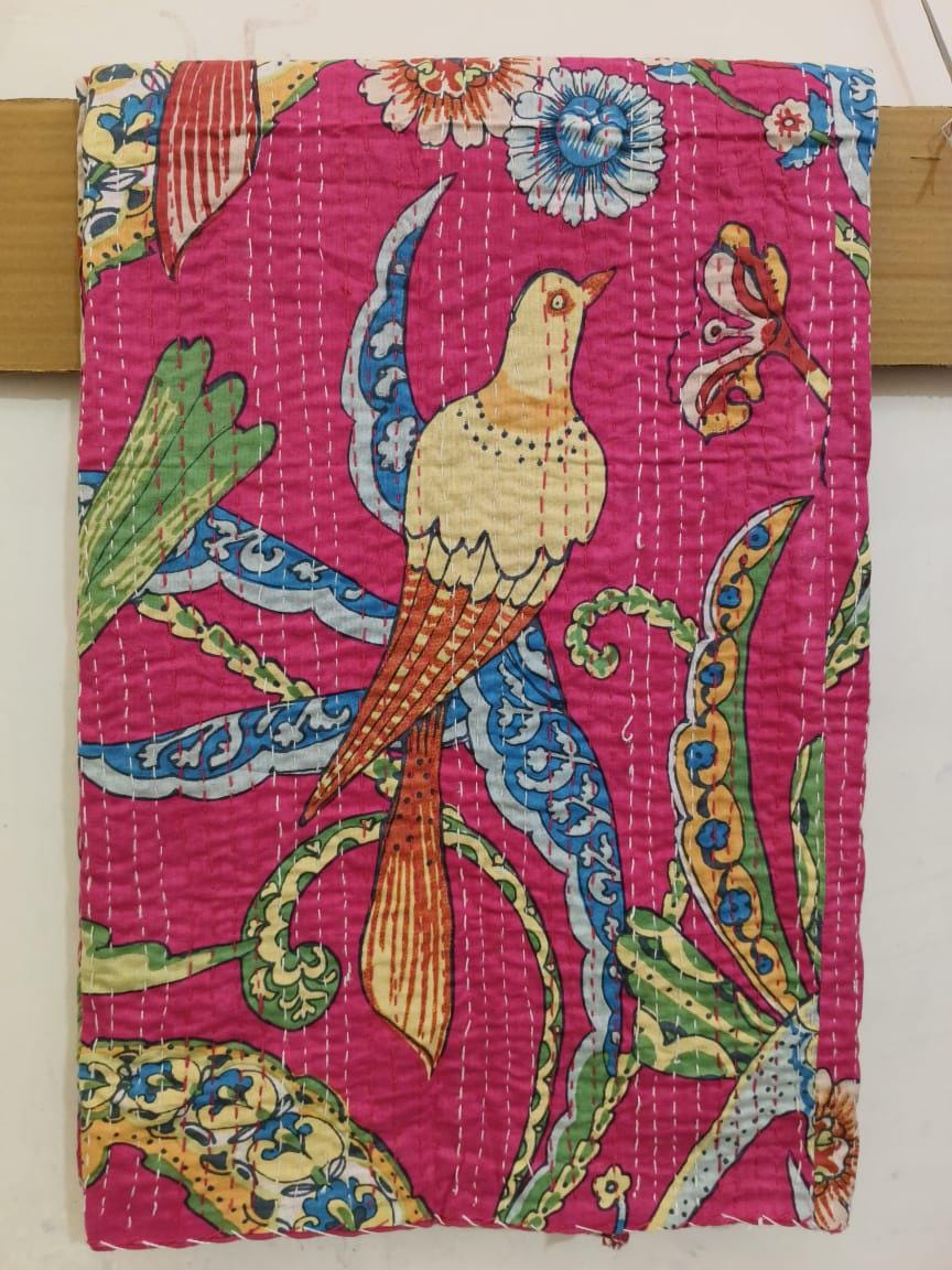 Peacock Bird Pink Kantha Quilt: Hand-Printed Vintage Cotton Throw