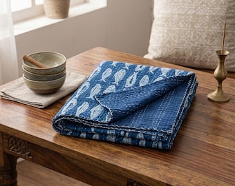 Queen Size Bedding Natural Blue Fish Hand Block Printed Cotton kantha quilt, Blanket
