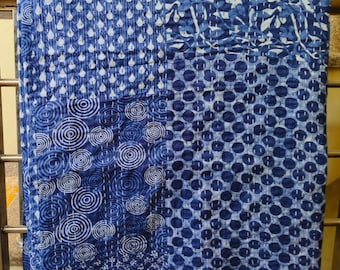 Indigo Patchwork Kantha Quilt, Boho Cotton Bedspread