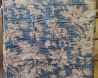 Handmade Floral Kantha Quilt: Vintage Indian Cotton Bedspread
