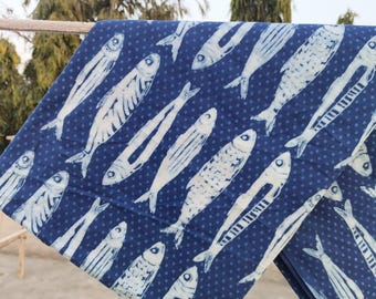 Indigo Fish Print Cotton Fabric: Hand Block Printed Textile By The Yard