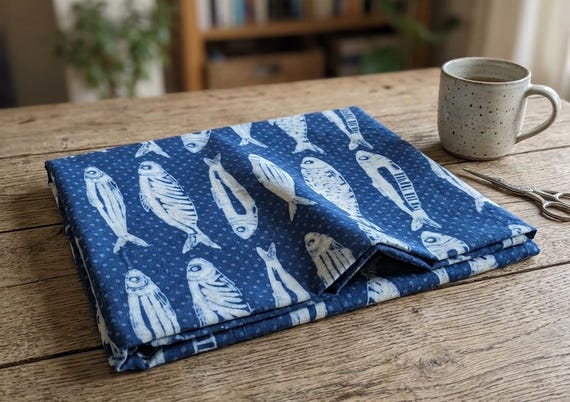 Indian Blue Fish Printed Cotton Fabric: Hand Block Printed Textile By The Yard