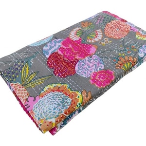 Indian Fruits Printed Cotton Kantha Quilt: Grey Bohemian Bedspread Blanket