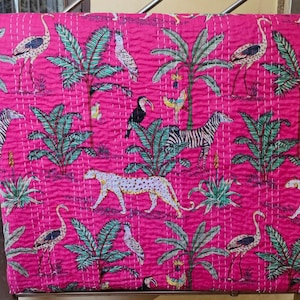Pink Jungle Hand Printed cotton vintage kantha throw quilt, indian bedspread, reversible blanket, receving kantha, indian kantha bedcover
