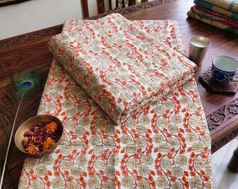 Block Printed Cotton Kantha Quilt, Vintage Floral Bedspread