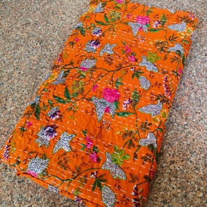 Indian Handmade Orange Paradise Print Kantha Quilt: Reversible Cotton Bedspread