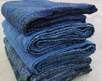5 PC Wholesale Indigo Dyed Cotton Kantha Quilt: Vintage Boho Bedspread