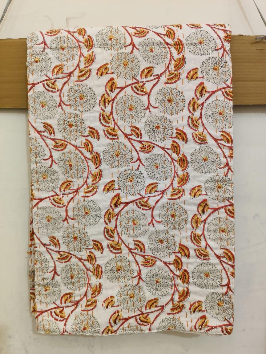 Block Printed Cotton Kantha Quilt: Vintage Floral Bedspread