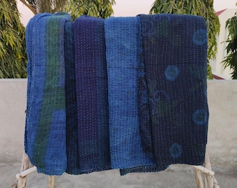 Indigo Kantha Quilt: Reversible Floral Cotton Throw Blanket