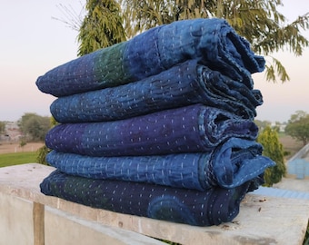Handmade Indigo Kantha Quilt: Indian Cotton Twin Throw Blanket