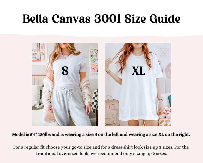 Peut inclure: Guide des tailles pour les t-shirts Bella Canvas 3001. Le mannequin porte une taille S &agrave; gauche et une taille XL &agrave; droite. Le texte indique : "Bella Canvas 3001 Size Guide".