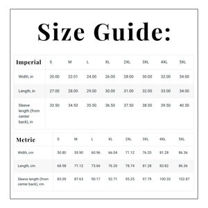 K&ouml;nnte beinhalten: Gr&ouml;&szlig;entabelle f&uuml;r Kleidung mit Ma&szlig;en in Zoll und Zentimetern. Die Tabelle zeigt Gr&ouml;&szlig;en von S bis 5XL mit Ma&szlig;en f&uuml;r Breite, L&auml;nge und &Auml;rmell&auml;nge.